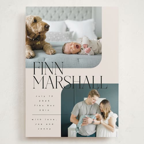 This is a linen grand birth announcements with standard by Kelly Schmidt called happy overlay printing on recycled smooth signature in grand