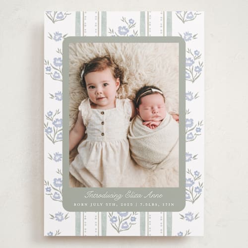 This is a periwinkle grand birth announcements with standard by Jackie Crawford called cottage watercolor ribbon printing on smooth signature in grand