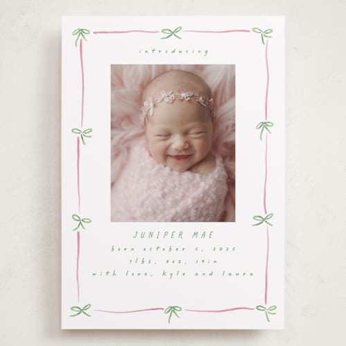 This is a candy grand birth announcements with standard by Susan Zinader called preppy bow border printing on smooth signature in grand