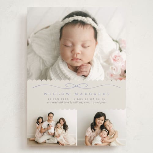 This is a periwinkle grand birth announcements with standard by Laura Hankins called scallops printing on smooth signature in grand