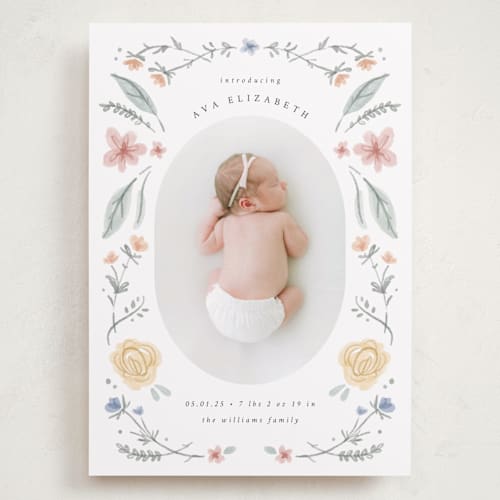 This is a meadow grand birth announcements with standard by Emily Sabol Goss called le jardin printing on smooth signature in grand