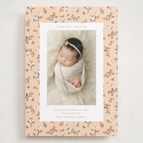 This is a peach grand birth announcements with standard by Sherley Ferreira called spring gardens printing on recycled smooth signature in grand