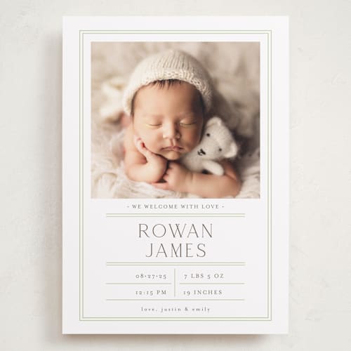 This is a lime grand birth announcements with standard by Shirley Lin Schneider called birth stats label printing on recycled smooth signature in grand