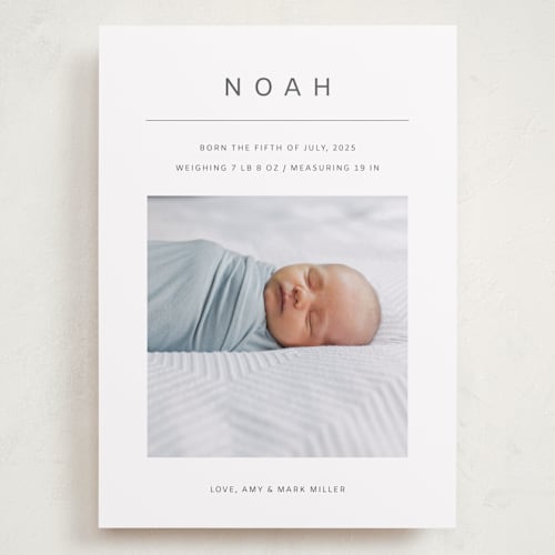 This is a cotton grand birth announcements with standard by Ani Somi called noah printing on recycled smooth signature in grand