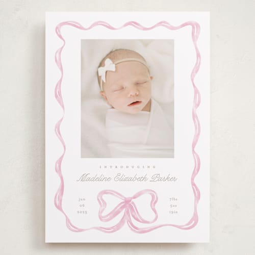 This is a peony grand birth announcements with standard by Creo Study called squiggle bow printing on smooth signature in grand