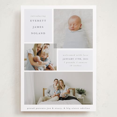 This is a dusty blue grand birth announcements with standard by Julie Murray called love multiplies printing on recycled smooth signature in grand