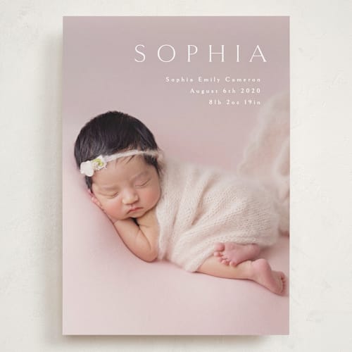 This is a white grand birth announcements with standard by Phrosné Barwood called angel printing on recycled smooth signature in grand