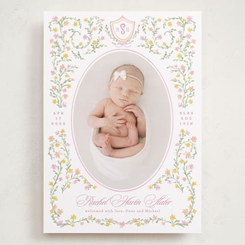 This is a cotton candy grand birth announcements with standard by Creo Study called cottagecore printing on smooth signature in grand