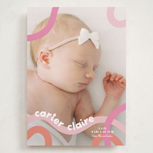 This is a peach sherbet grand birth announcements with standard by Lauren Chism called wiggle worm printing on recycled smooth signature in grand