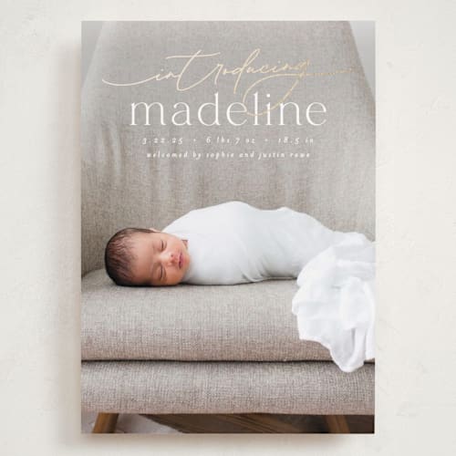 This is a parchment grand birth announcements with foil pressed by Everett Paper Goods called mist printing on recycled smooth signature in grand