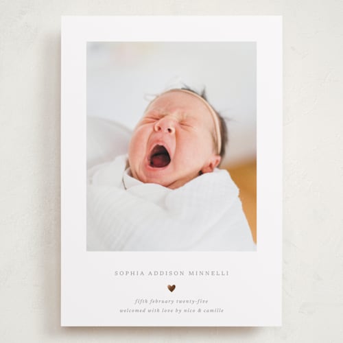 This is a charcoal grand birth announcements with foil pressed by Blustery August called heart printing on smooth signature in grand