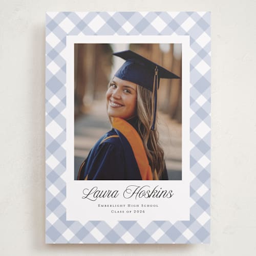 This is a powder graduation announcements with standard by Kampai Designs called gingham printing on recycled smooth signature in grand