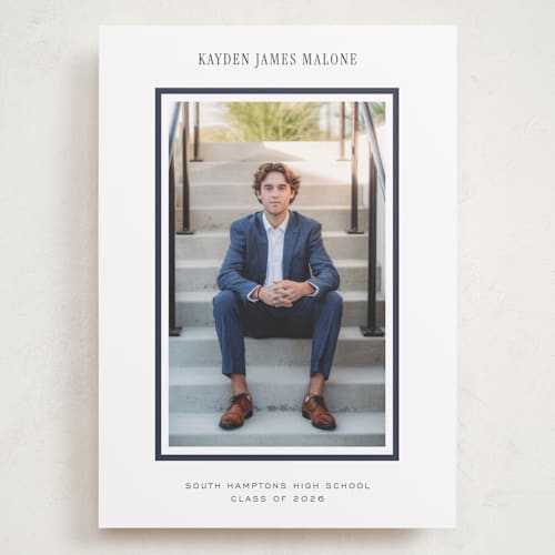 This is a navy graduation announcements with standard by Jennifer Wick called collegiate line printing on recycled smooth signature in grand