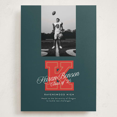This is a forest graduation announcements with standard by Leia Matt called varsity initial printing on recycled smooth signature in grand