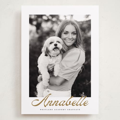 This is a golden graduation announcements with standard by Maja Cunningham called vintage script printing on recycled smooth signature in grand