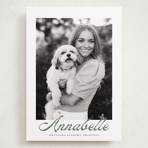 This is a forest graduation announcements with standard by Maja Cunningham called vintage script printing on recycled smooth signature in grand