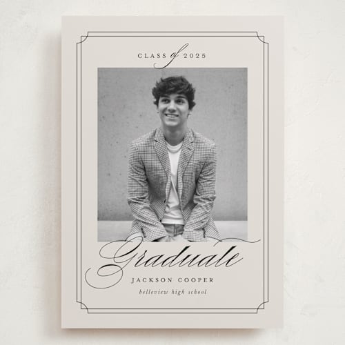 This is a taupe graduation announcements with standard by Ashley Iwafuchi called refined grad printing on recycled smooth signature in grand