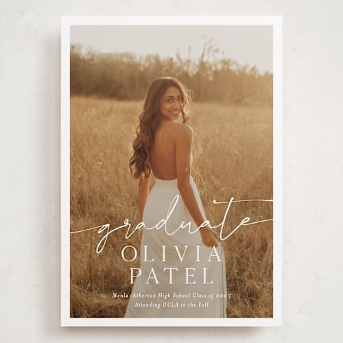 This is a snow graduation announcements with standard by Sarah Curry called graduate script printing on recycled smooth signature in grand