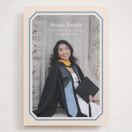 This is a robins egg graduation announcements with standard by Carolyn MacLaren called angled frame printing on recycled smooth signature in grand