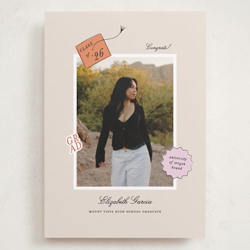 This is a apricot graduation announcements with standard by Ashley Iwafuchi called grad vibes printing on recycled smooth signature in grand