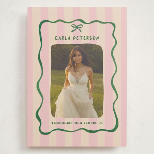 This is a raspberry matcha graduation announcements with standard by Vera Lim called whimsical stripes printing on recycled smooth signature in grand