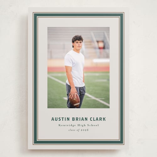 This is a evergreen graduation announcements with standard by Angela Garrick called varsity frame printing on recycled smooth signature in grand