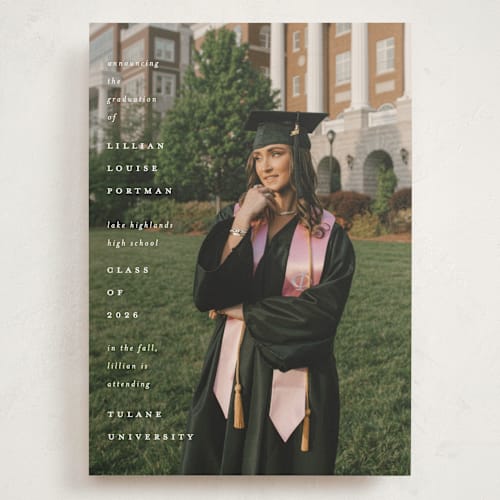 This is a snow graduation announcements with standard by Lauren Chism called along side printing on recycled smooth signature in grand