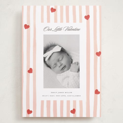 This is a blush valentines day with standard by Teju Reval called stripes and hearts printing on recycled smooth signature in grand