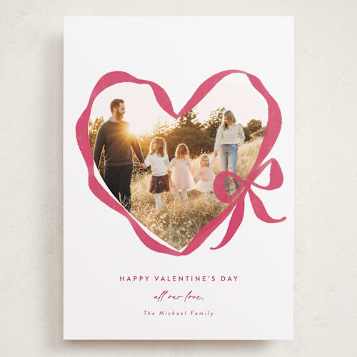 This is a magenta valentines day with standard by Rebecca Durflinger called ribbon bow heart printing on recycled smooth signature in grand