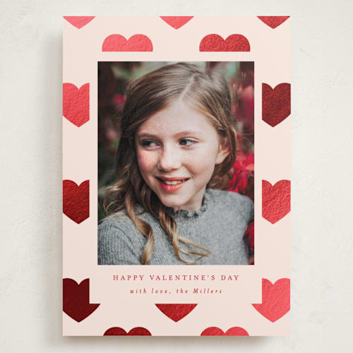 This is a peach large valentines day cards with foil pressed by AK Graphics called polka hearts printing on recycled smooth signature in grand
