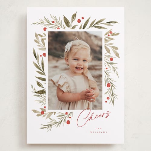 This is a holly berry holiday photo cards with standard by Wildfield Paper Co called winter holly garden printing on recycled smooth signature in grand