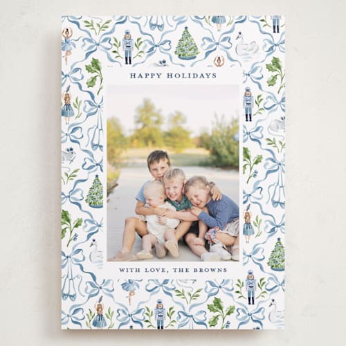 This is a blue ribbon holiday photo cards with standard by Sarah Knight called nutcracker ribbons printing on recycled smooth signature in grand