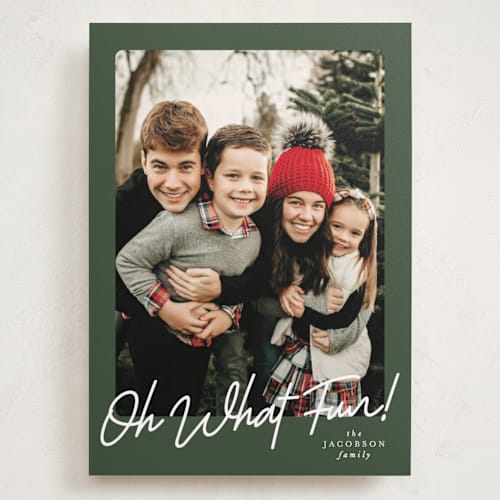 This is a forest holiday photo cards with standard by Karidy Walker called oh what fun script printing on recycled smooth signature in grand