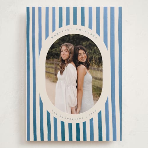 This is a blue jay holiday photo cards with standard by Teju Reval called vintage stripes printing on recycled smooth signature in grand