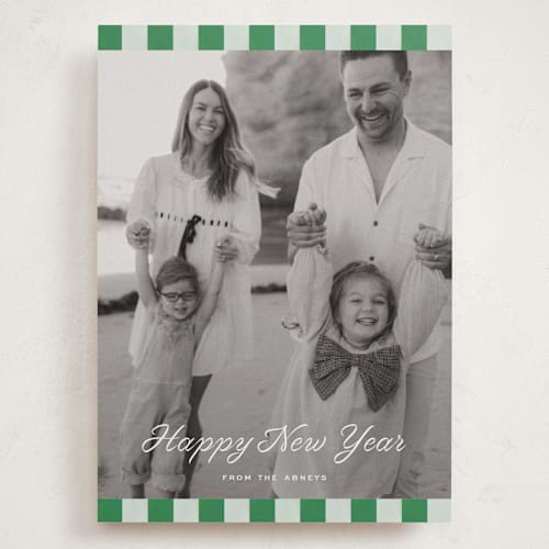 This is a sage holiday photo cards with standard by Sara Hicks Malone called cabana check printing on recycled smooth signature in grand