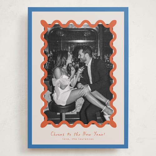 This is a papaya holiday photo cards with standard by Blustery August called party squiggle printing on recycled smooth signature in grand
