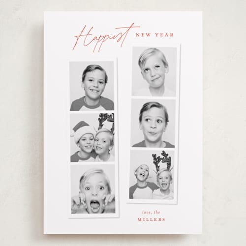 This is a ruby holiday photo cards with standard by Sarah Curry called joyful photo strips printing on recycled smooth signature in grand