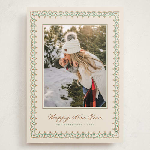 This is a pine holiday photo cards with standard by letterfix called scallop trim printing on recycled smooth signature in grand