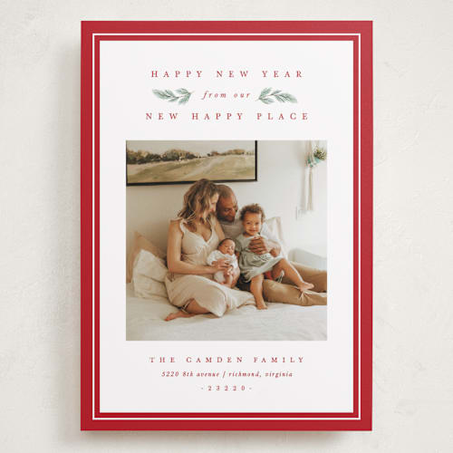 This is a poinsettia holiday photo cards with standard by Amy Kross called new happy place printing on recycled smooth signature in grand