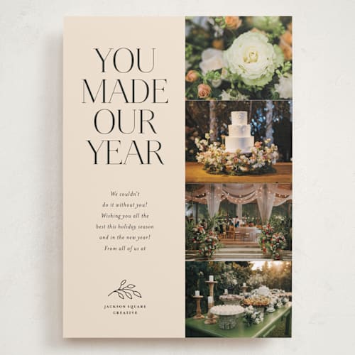 This is a vanilla holiday photo cards with standard by Kamala Nahas called you made our year printing on recycled smooth signature in grand