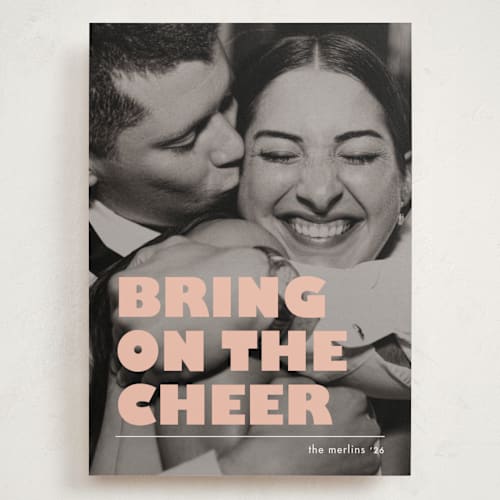 This is a creamsicle holiday photo cards with standard by Snow and Ivy called bring on the cheer printing on recycled smooth signature in grand