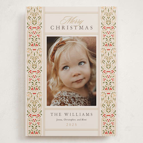 This is a original holiday photo cards with standard by leslie hamer called ornate scroll printing on recycled smooth signature in grand