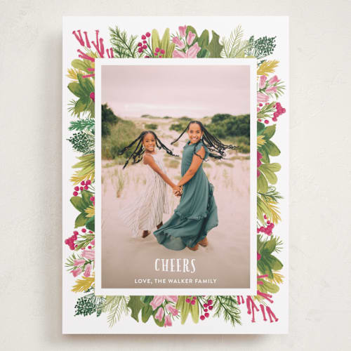 This is a vintage rose holiday photo cards with standard by Shiny Penny Studio called tropical pines frame printing on recycled smooth signature in grand