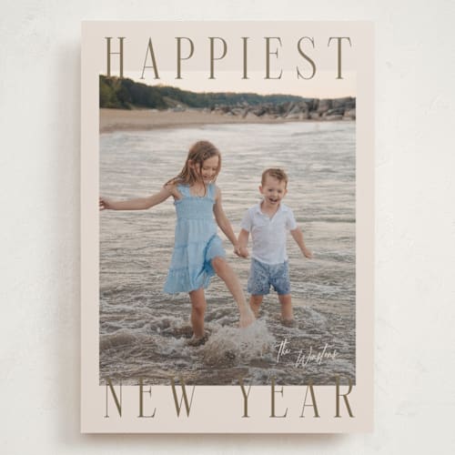 This is a champagne holiday photo cards with standard by Ekko Studio called headlines printing on recycled smooth signature in grand