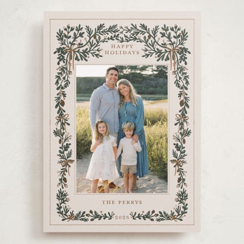 This is a champagne holiday photo cards with standard by Angel Walker called merriest botanicals printing on recycled smooth signature in grand