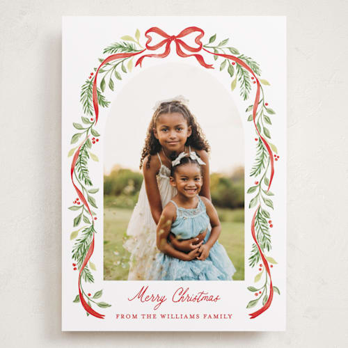 This is a cardinal holiday photo cards with standard by Sarah Knight called ribbon arch printing on recycled smooth signature in grand