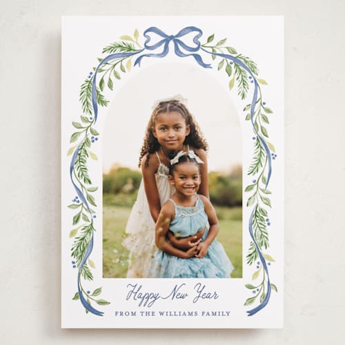 This is a moonlight holiday photo cards with standard by Sarah Knight called ribbon arch printing on recycled smooth signature in grand