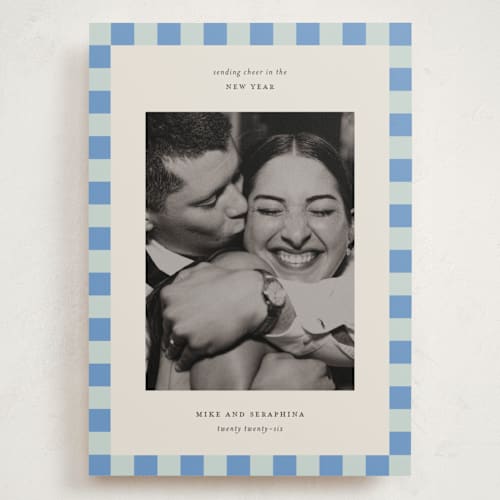 This is a sky holiday photo cards with standard by Jackie Crawford called fun border checkers printing on recycled smooth signature in grand