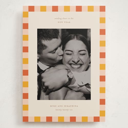 This is a tangerine holiday photo cards with standard by Jackie Crawford called fun border checkers printing on recycled smooth signature in grand