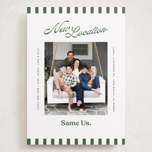 This is a spruce holiday photo cards with standard by Owl and Toad called new location printing on recycled smooth signature in grand